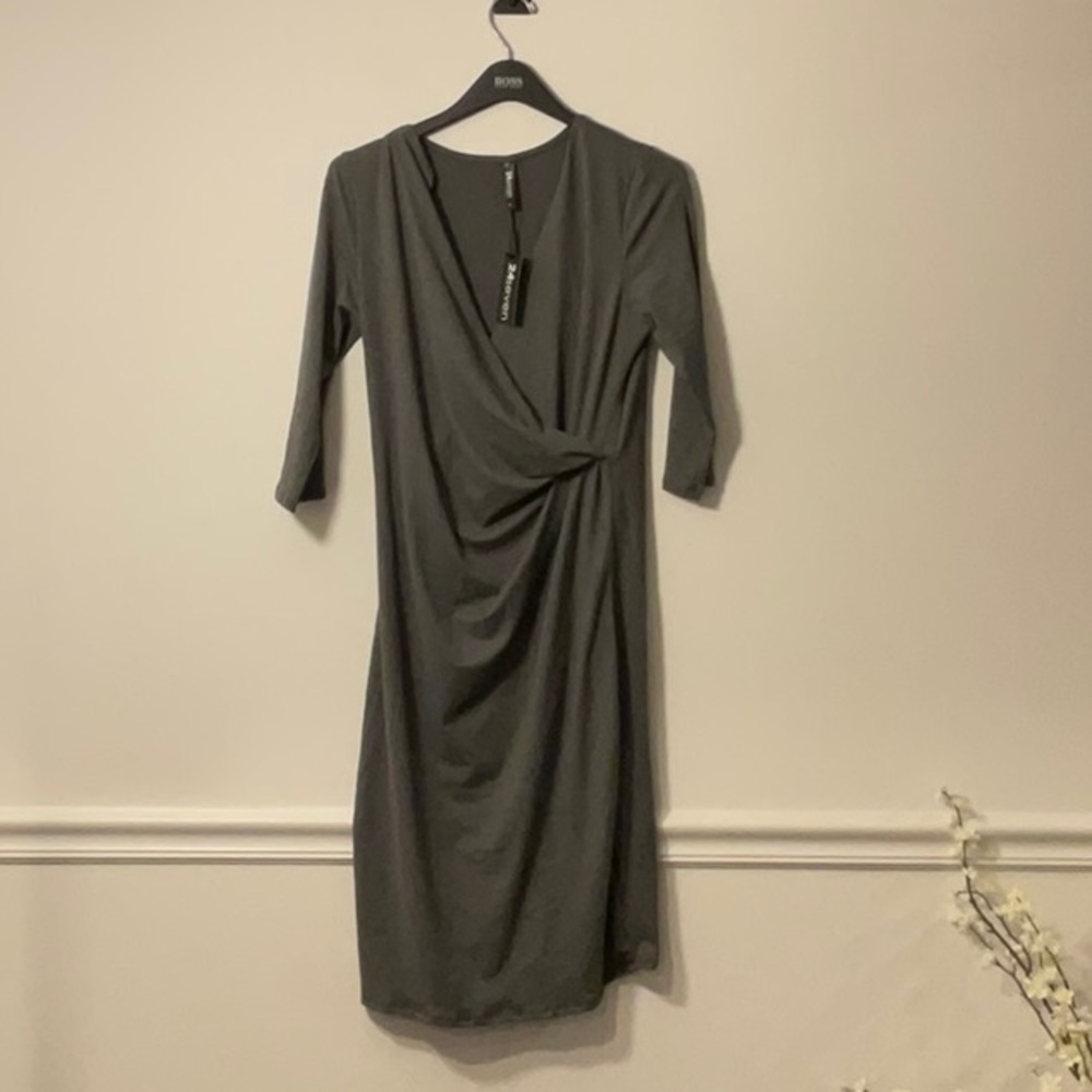 Gray Ruched Wrap Sheath Dress